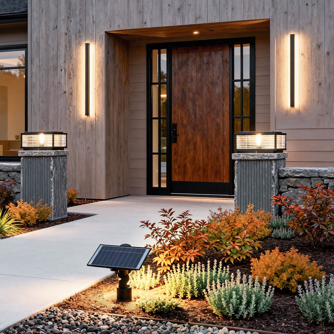 Architectural Outdoor Lighting Trio – Wall, Pillar & Solar Spotlight