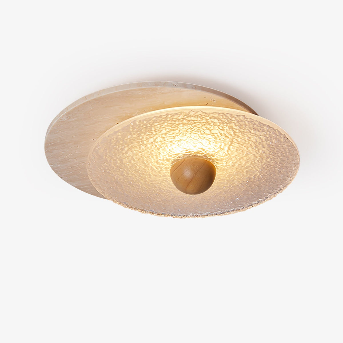 Radiant Disc Ceiling Light in Travertine and Textured Glass