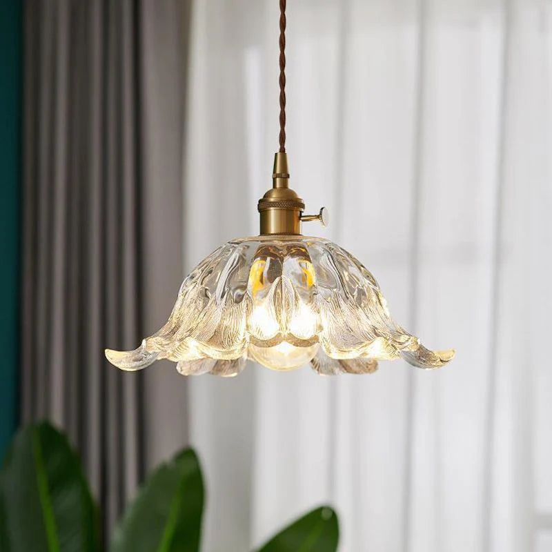 Bronze Walnut Wood Amber Patterned Glass Chandelier