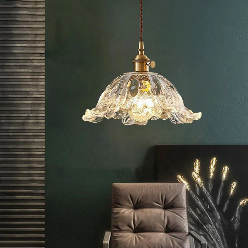 Bronze Walnut Wood Amber Patterned Glass Chandelier