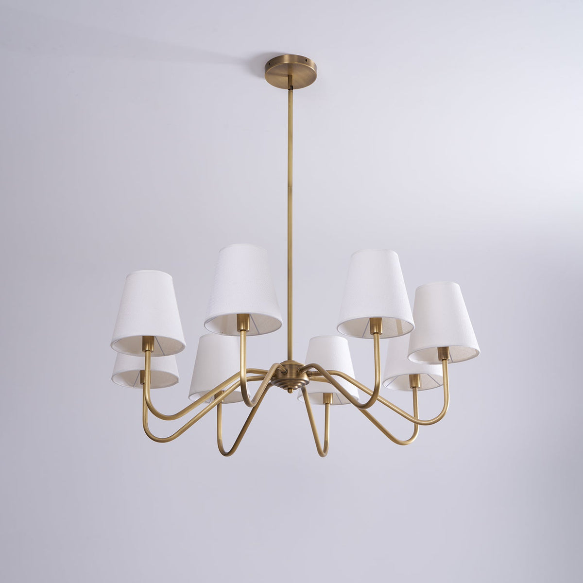 Opaluxe Brass Chandelier – Six-Light Designer Ceiling Light with Fabric Shades