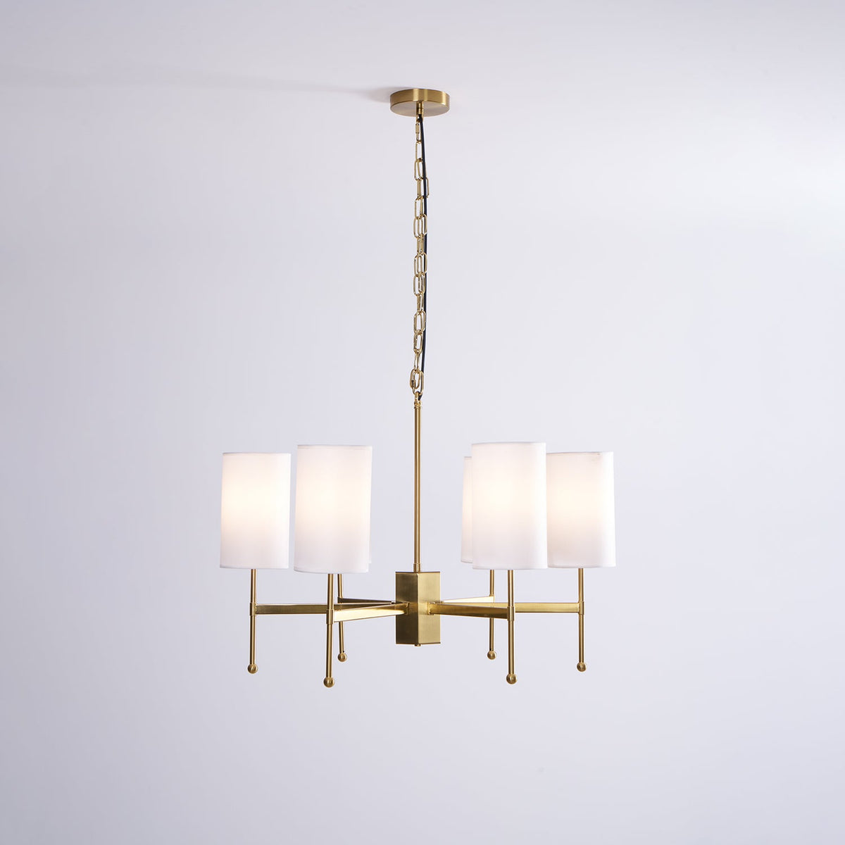 Brass Chandelier with Fabric Shades – Modern Luxury Lighting for Dining and Living Rooms