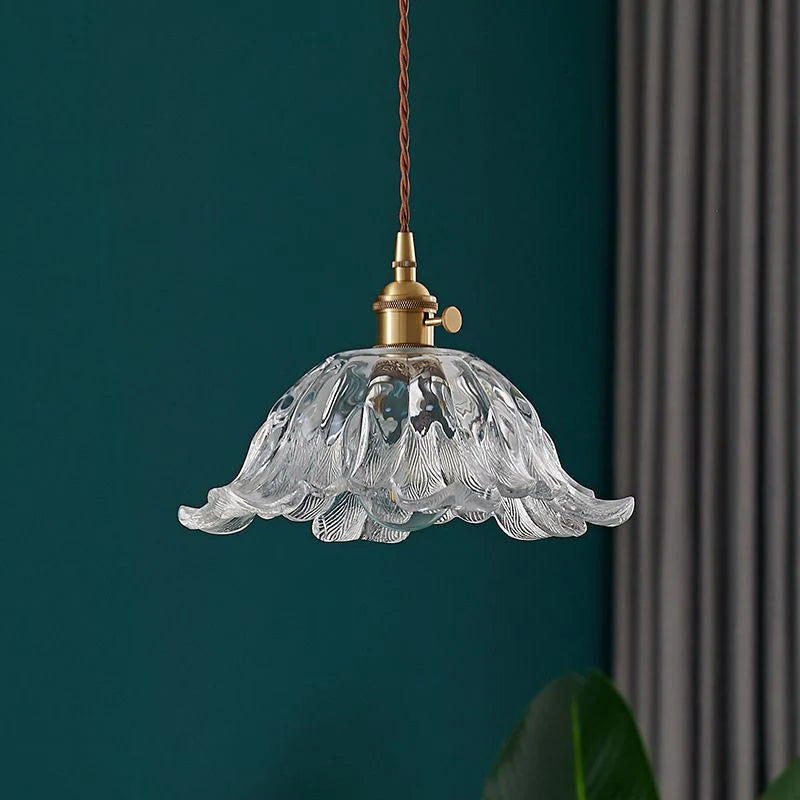 Bronze Walnut Wood Amber Patterned Glass Chandelier
