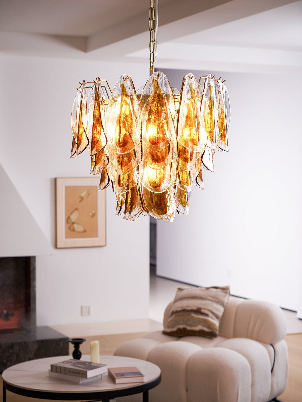 Solviva Glass Chandelier – Modern Amber Leaf Pendant Light
