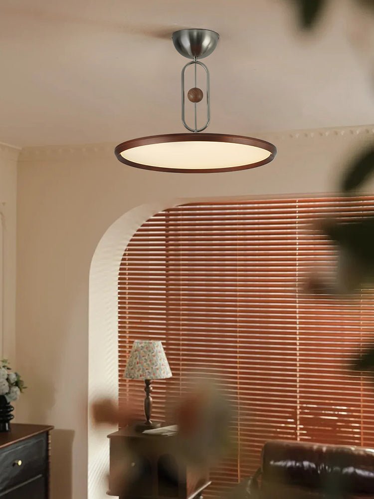 Orbito Semi Flush Ceiling Light in Walnut Wood Grain and Nickel