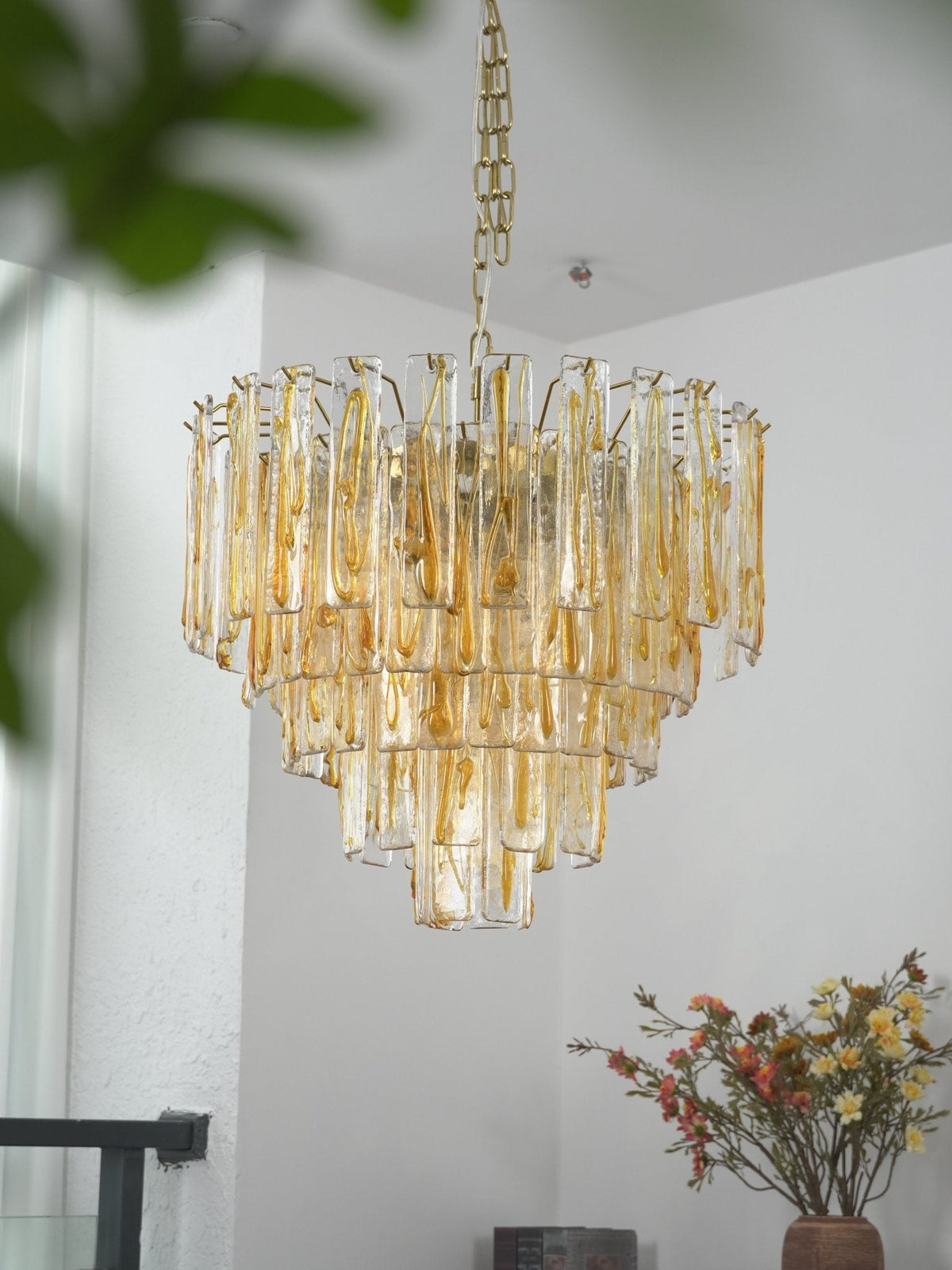 Amber Glass Chandelier with Brass Chain – Modern Luxury Lighting for Dining and Living Spaces