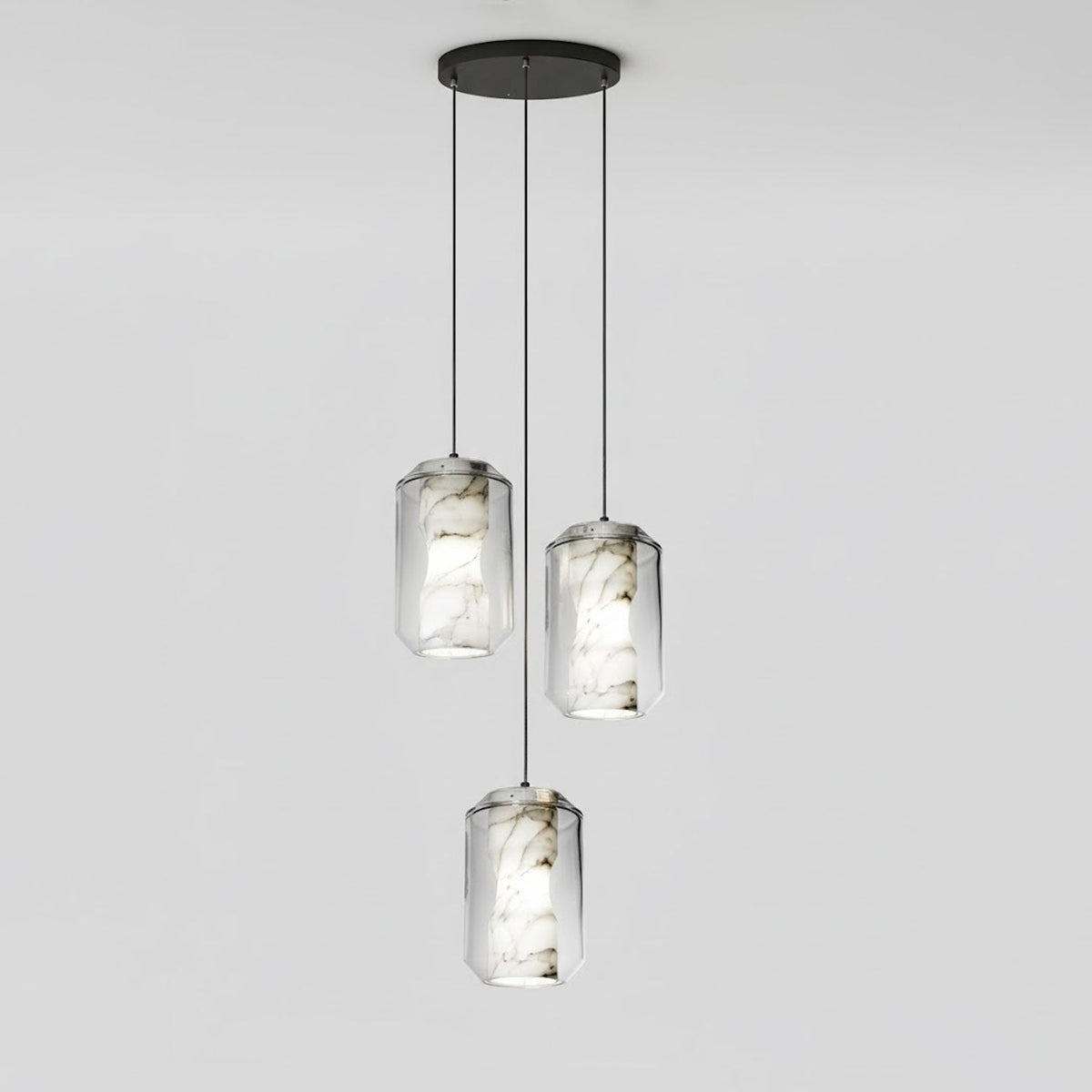 Hand-Carved Alabaster Cylinder Pendant Light in Glass Shell