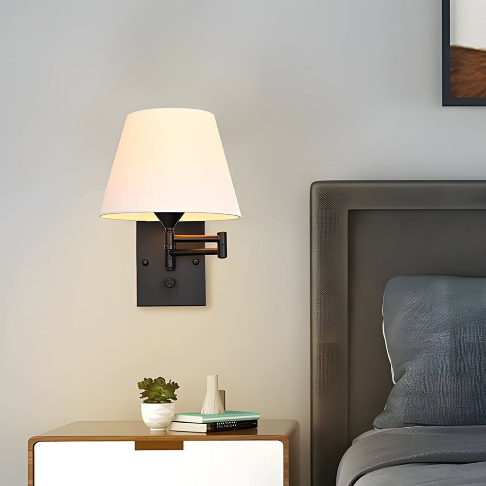 Swing Arm Wall Sconce with Fabric Shade in Black Iron