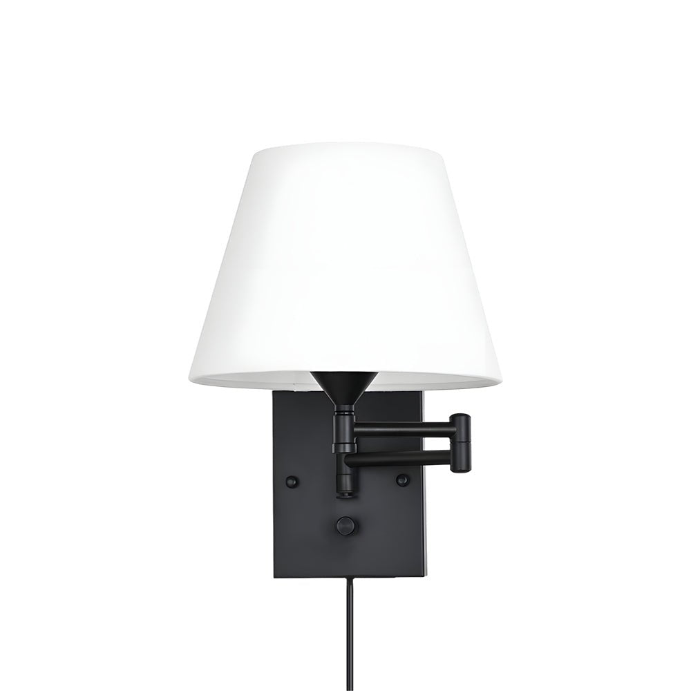 Swing Arm Wall Sconce with Fabric Shade in Black Iron