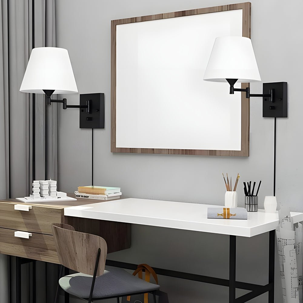 Swing Arm Wall Sconce with Fabric Shade in Black Iron