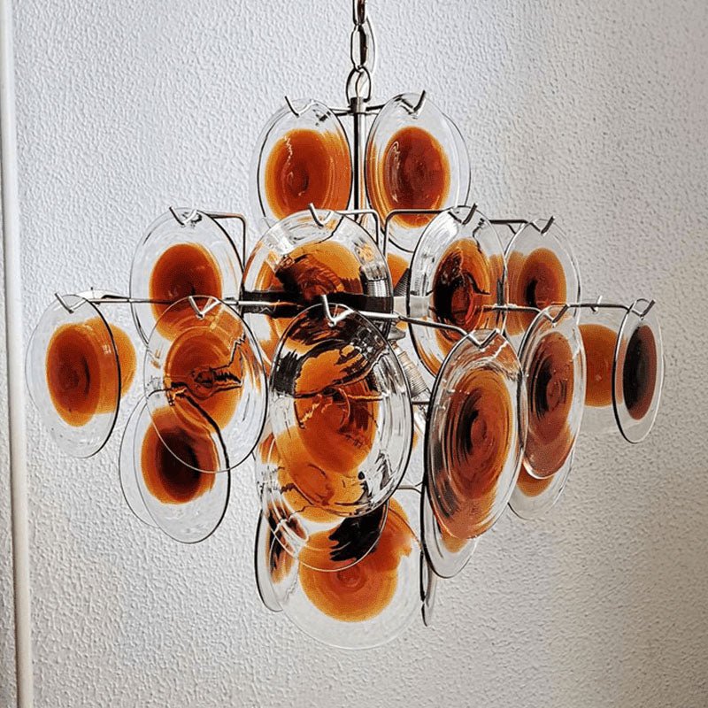 Mazzega Vistosi Style Hand-Blown Amber Glass Chandelier in Nickel