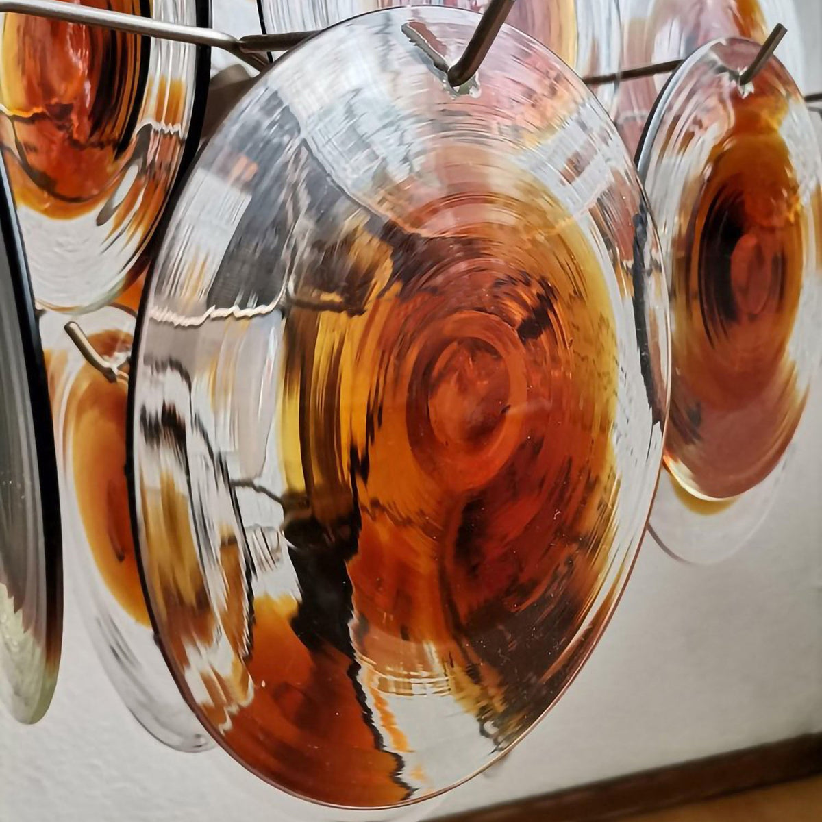Mazzega Vistosi Style Hand-Blown Amber Glass Chandelier in Nickel