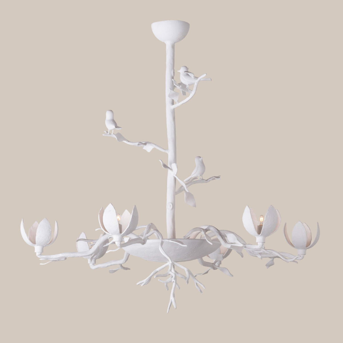 Passera Sculptural Plaster Chandelier with Birds and Tulip Shades