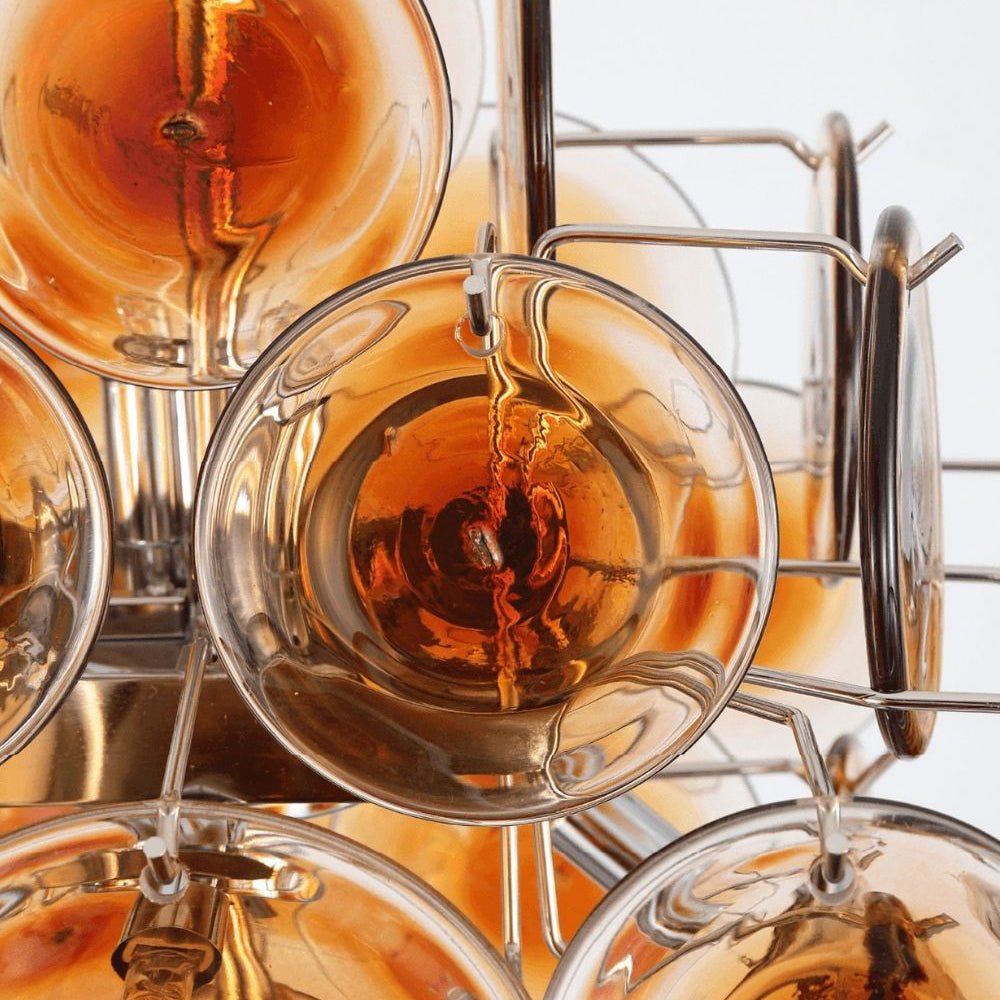 Mazzega Vistosi Style Hand-Blown Amber Glass Chandelier in Nickel