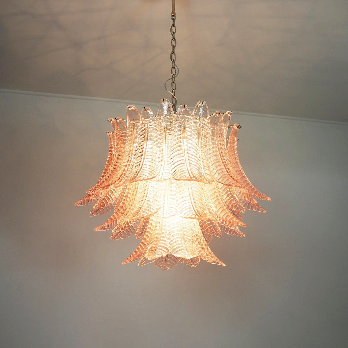 Pink Glass Leaf Chandelier – Handcrafted Designer Lighting for Elegant Interiors
