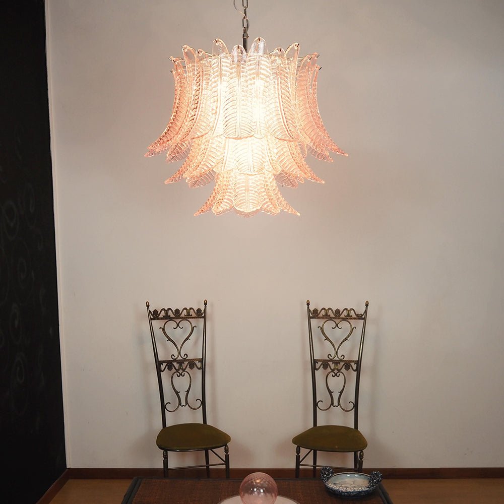 Pink Glass Leaf Chandelier – Handcrafted Designer Lighting for Elegant Interiors