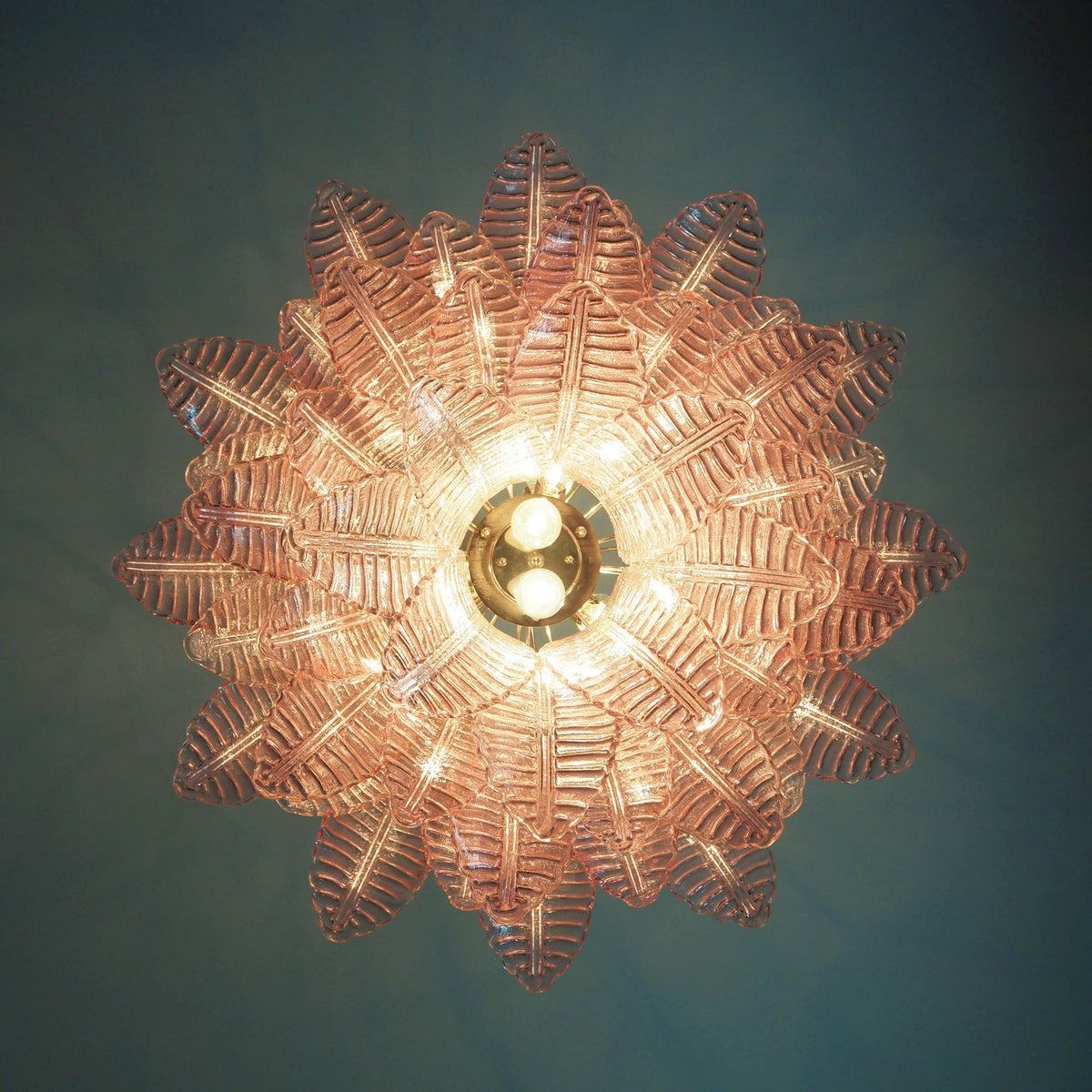Pink Glass Leaf Chandelier – Handcrafted Designer Lighting for Elegant Interiors