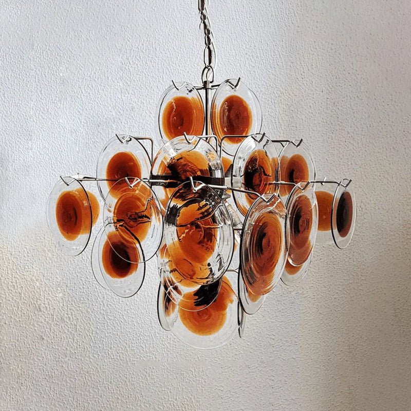 Mazzega Vistosi Style Hand-Blown Amber Glass Chandelier in Nickel