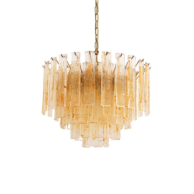 Amber Glass Chandelier with Brass Chain – Modern Luxury Lighting for Dining and Living Spaces