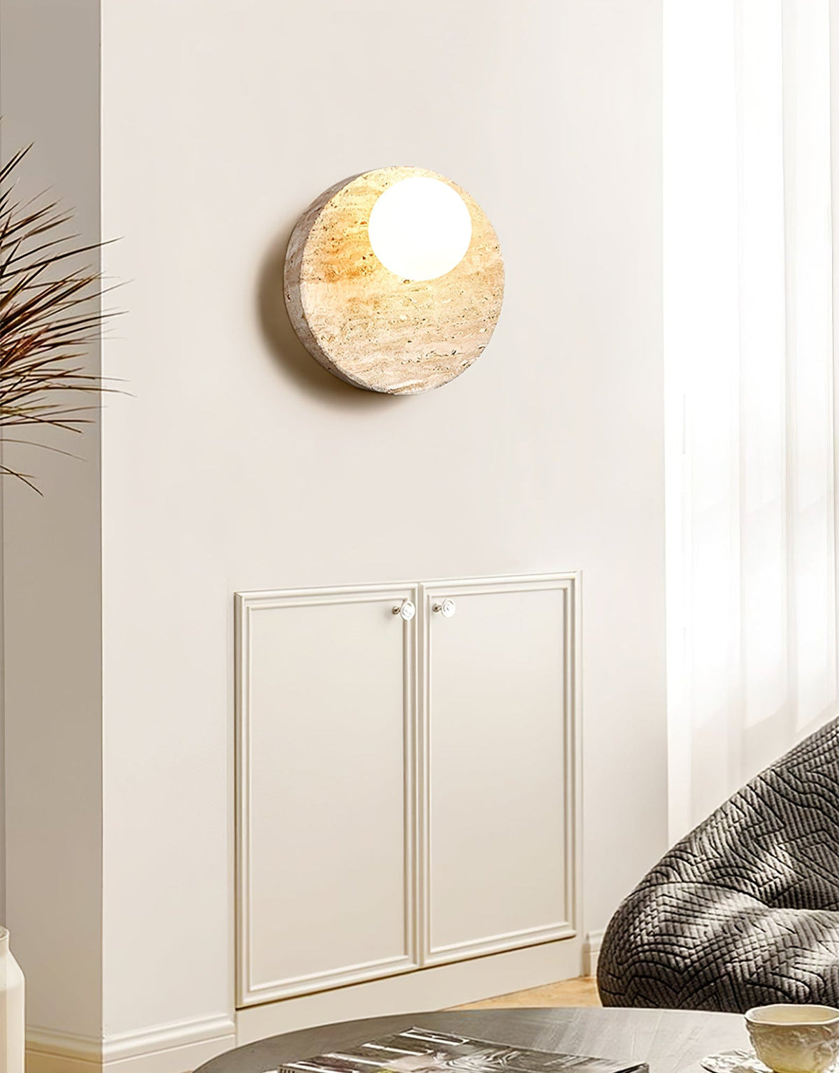 Sorella Travertine Wall Sconce with Opal Glass Globe
