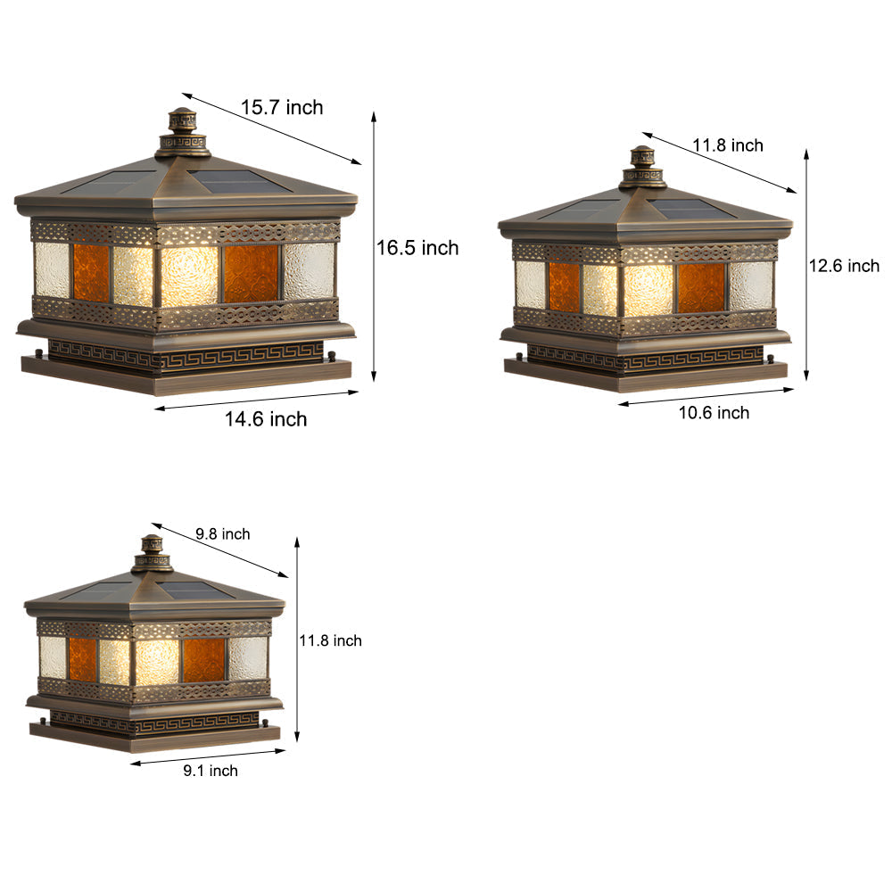 European Square Hardwired Solar Copper Outdoor Column Light With Glass Shade Bronze