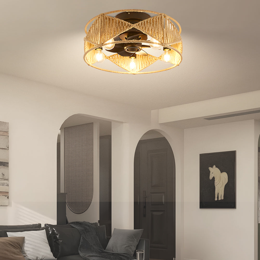 20 In Hemp Rope Woven Caged Ceiling Fan With Light And Remote 6 Speed