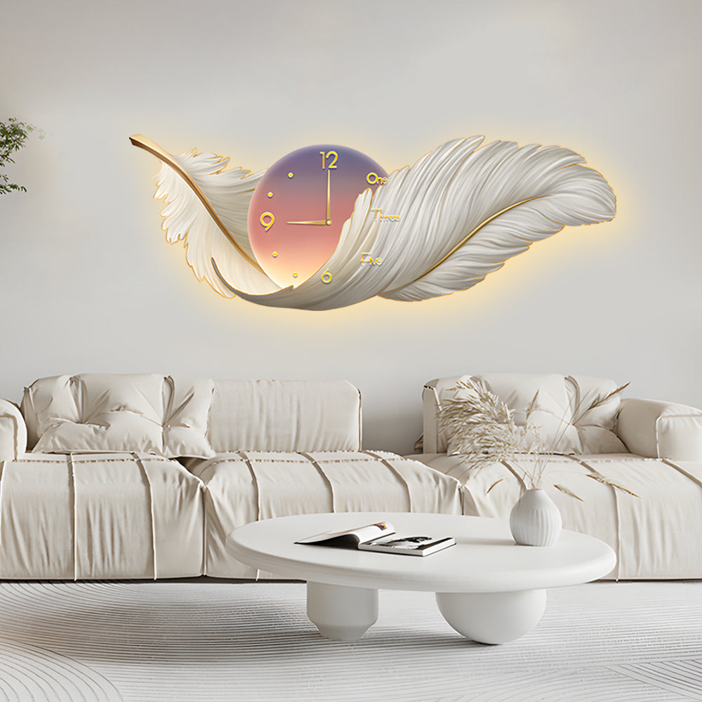 2 In 1 Wall Feather Painting Hanging Decor Led Wall Lamp Wall Clock