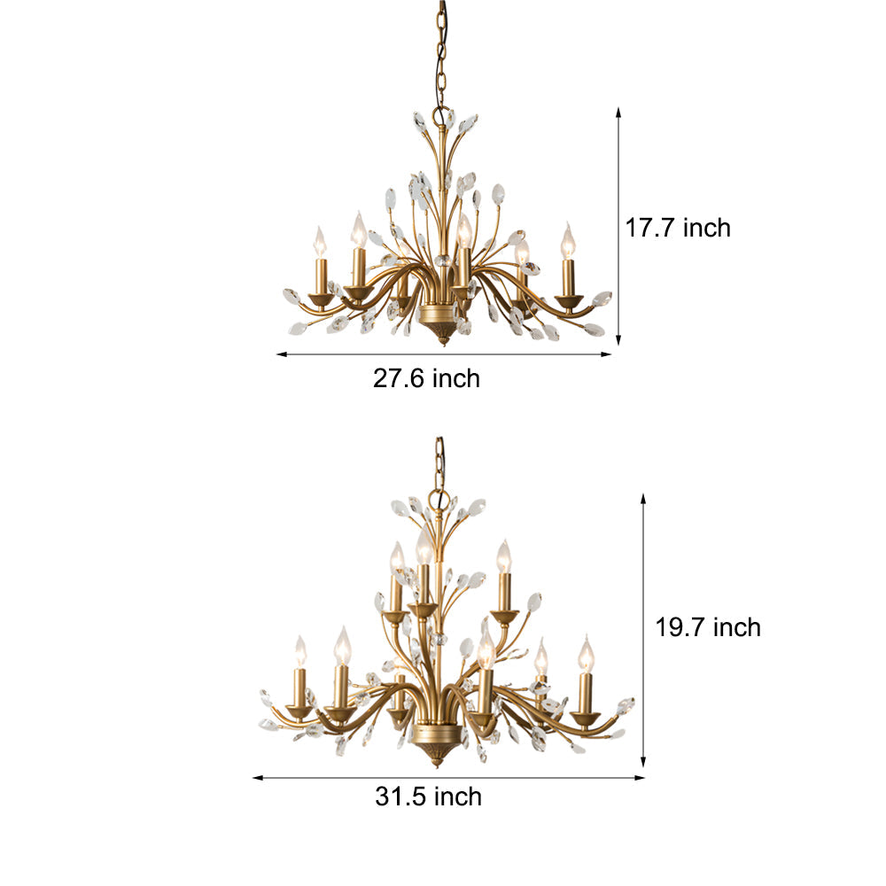 6 9 Light Brass Branch Candle Vintage Chandelier With Crystal Accents