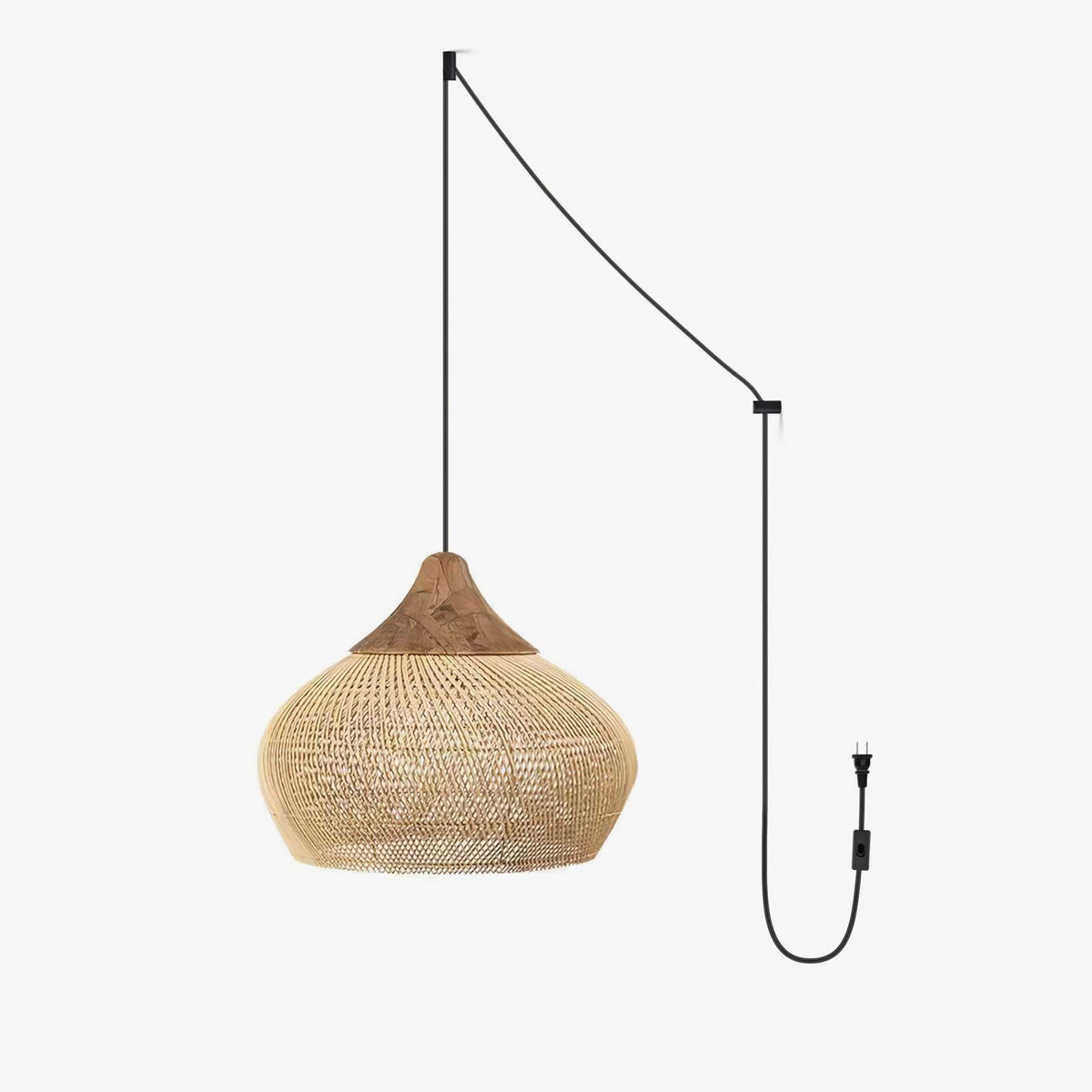 Artisan Braided Rattan Swag Pendant Light with Natural Wood Accents