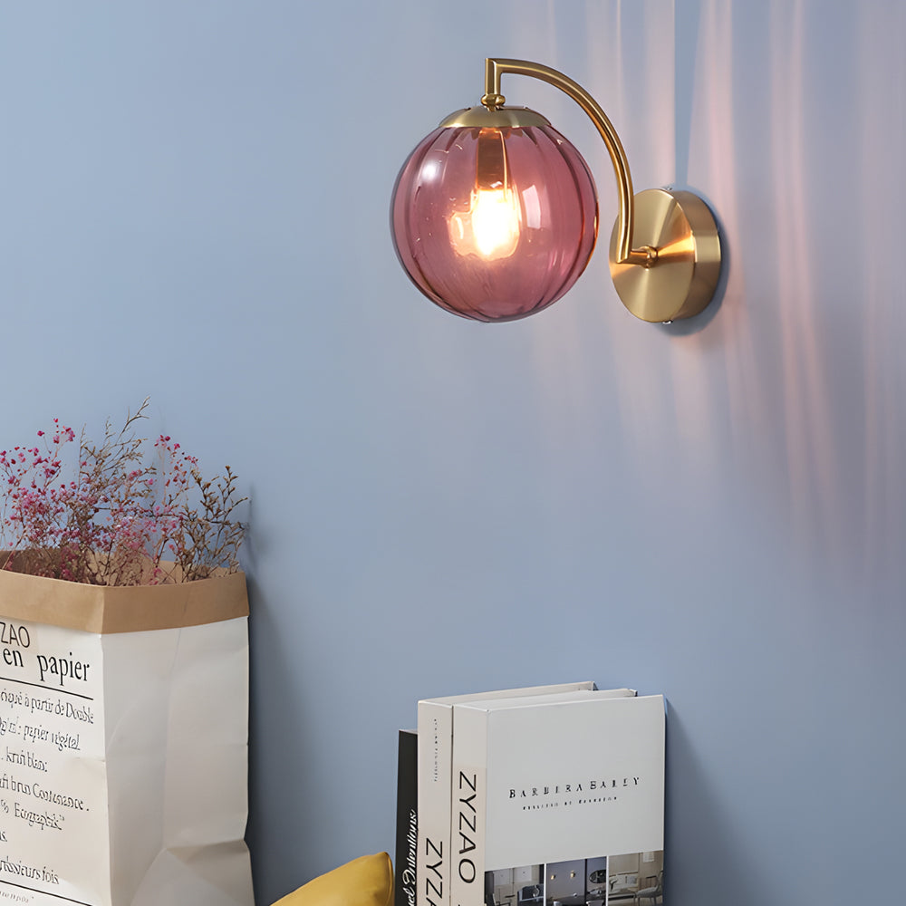 1 Light Curved Arm Wall Sconce With Ball Rib Glass Ball Shade