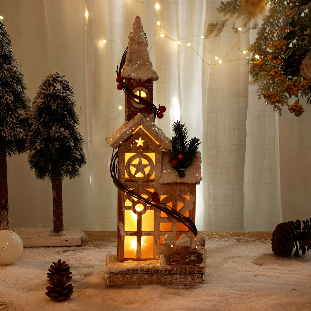 Artisan Wooden Christmas Village Houses with Warm Glow