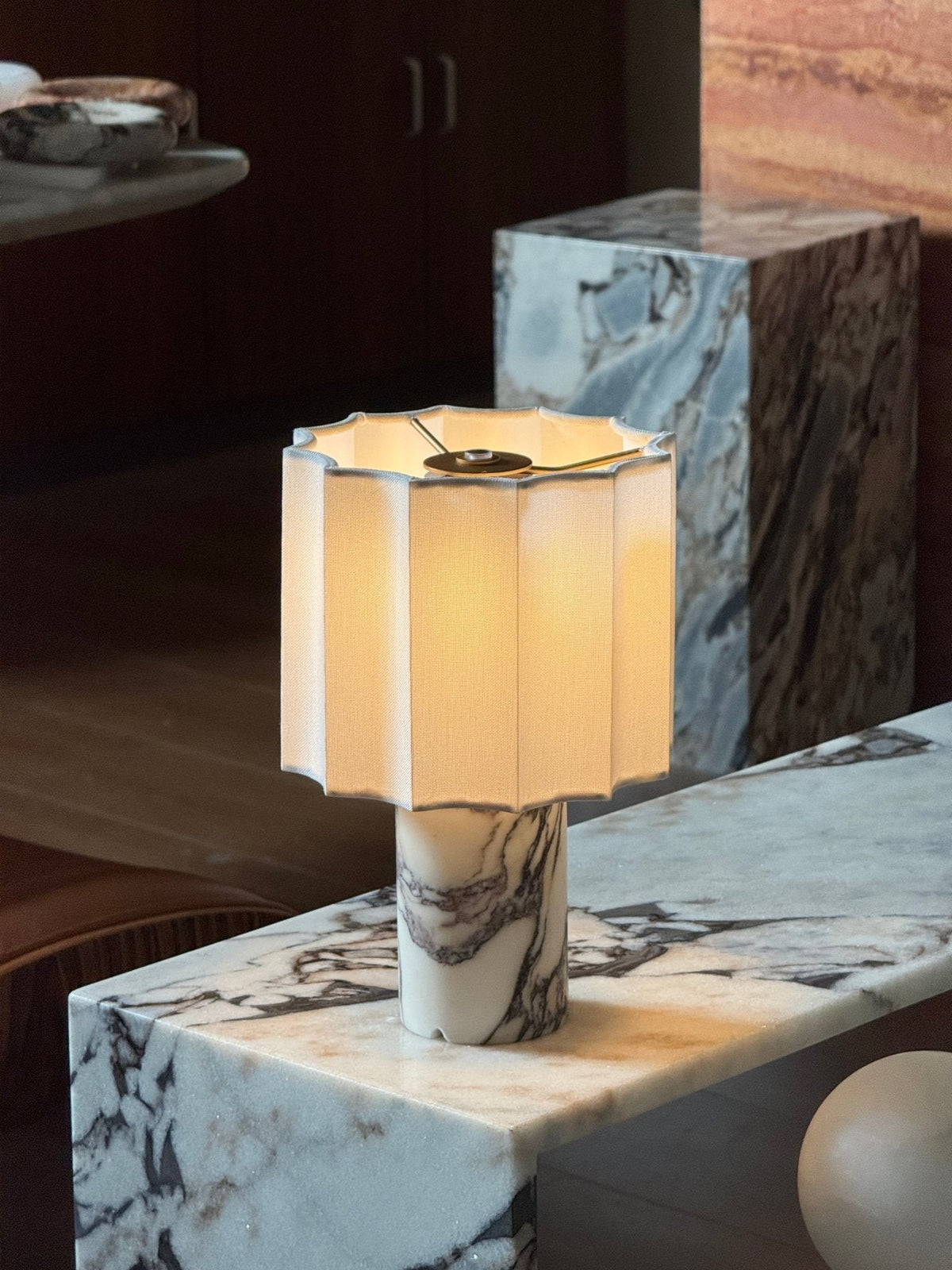 Orbis Veil Table Lamp – Sculptural Marble LED Lamp with Pleated Fabric Shade