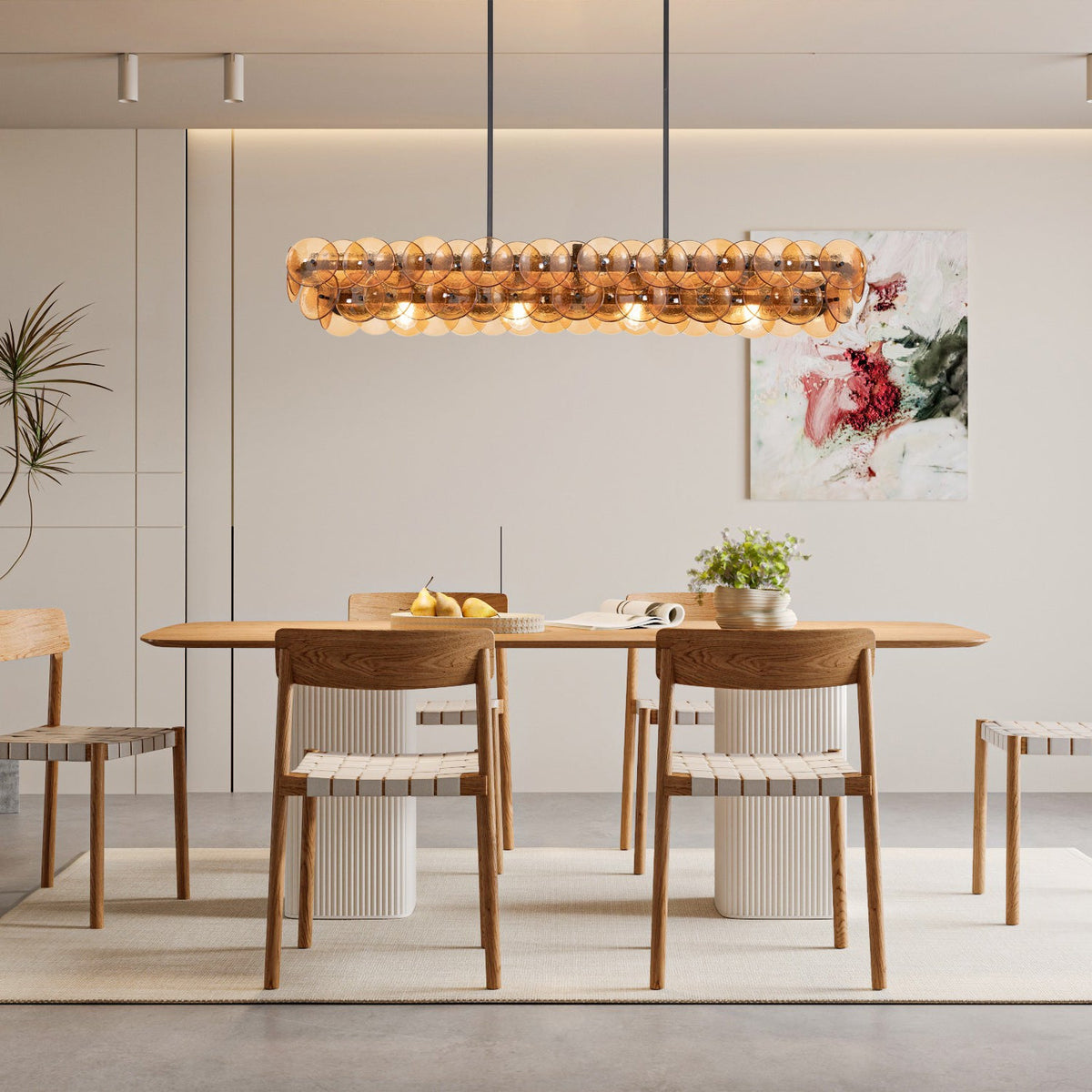 Linear Glass Disc Chandelier in Gold Frame, Modern Dining Room Lighting