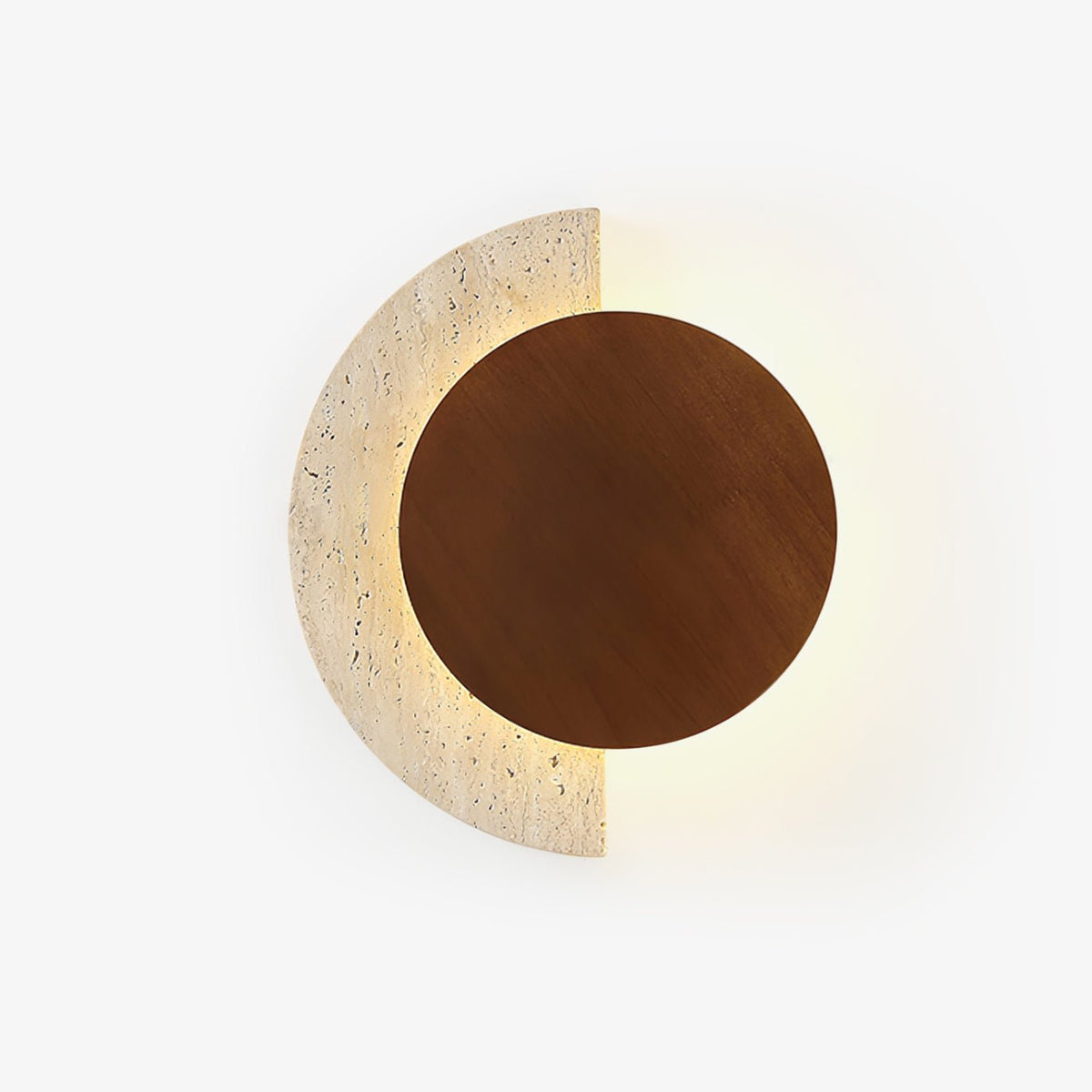 Crescent Halo Plug-In Wall Sconce in Natural Travertine and Wood