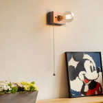 Round Square Vintage Walnut Wood Wall Lamp 1 Light With Pull Chain Switch