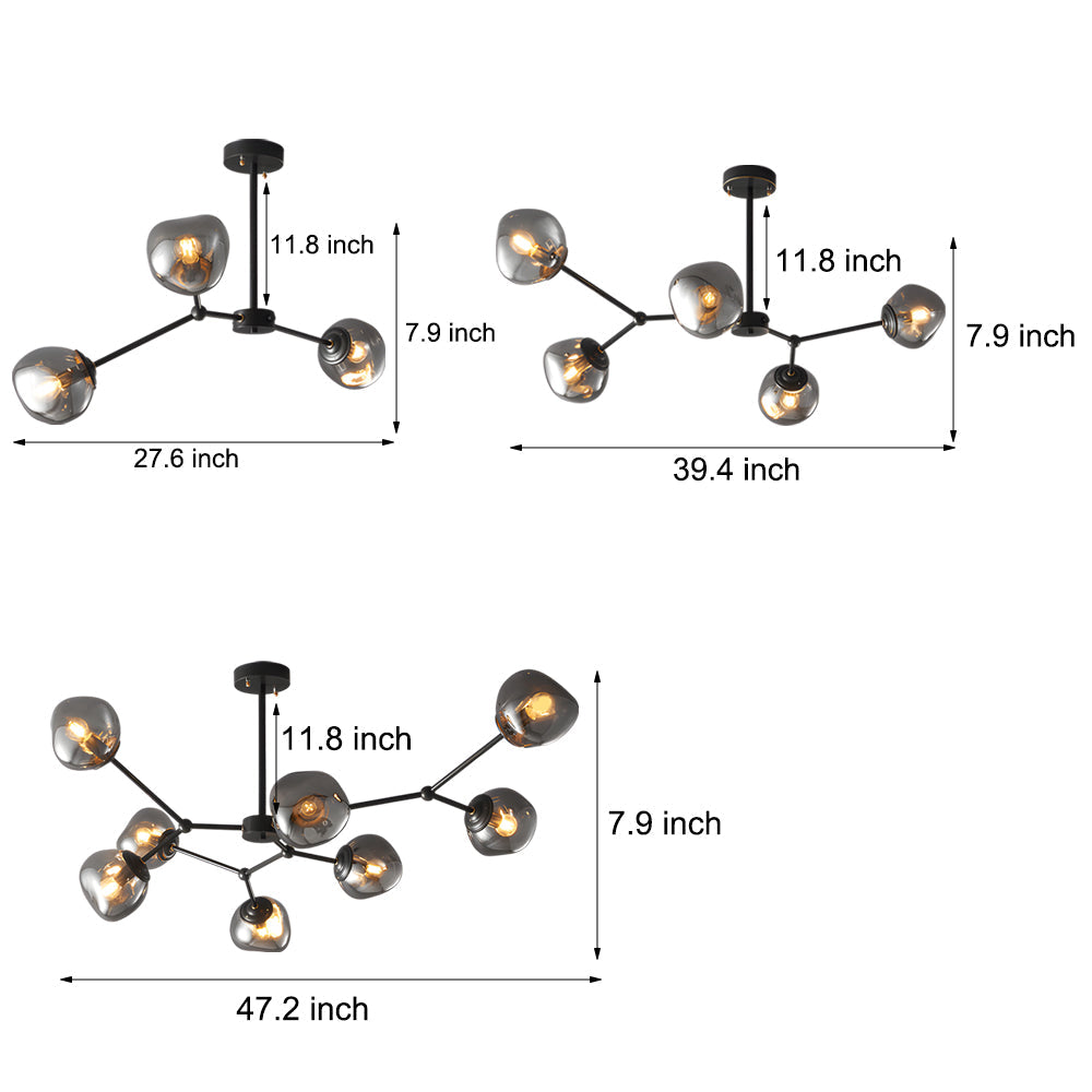 3 5 8 Light Molecule Dimpled Lava Glass Chandelier With Black Metallic Arms