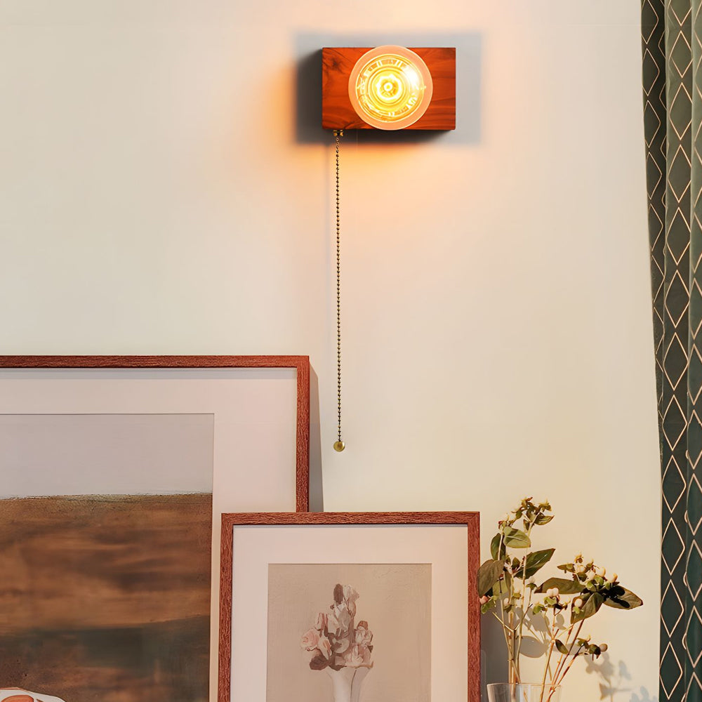 Round Square Vintage Walnut Wood Wall Lamp 1 Light With Pull Chain Switch