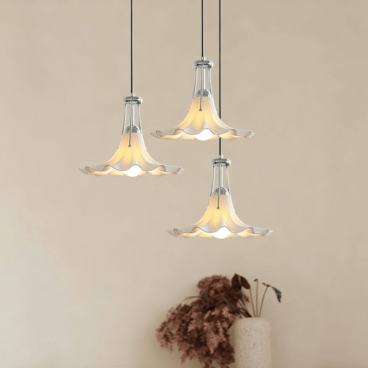 Mugena Floral Glass Pendant Light in Chrome for Dining and Living Spaces