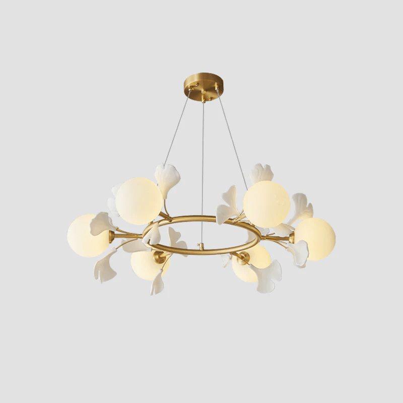 Gingko Orb Brass Chandelier with Porcelain Leaves and Glass Globes