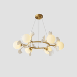 Gingko Orb Brass Chandelier with Porcelain Leaves and Glass Globes