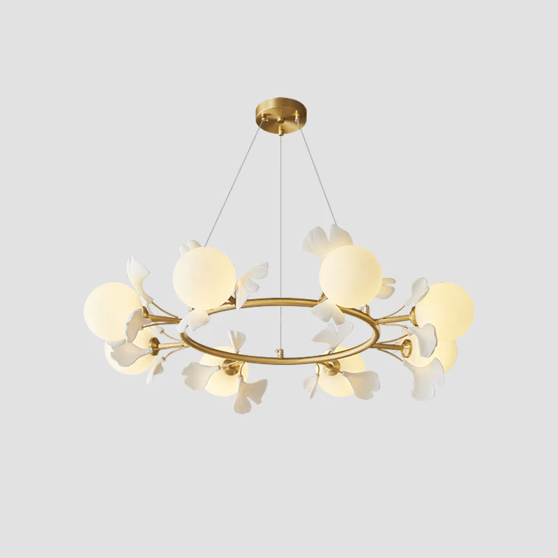 Gingko Orb Brass Chandelier with Porcelain Leaves and Glass Globes