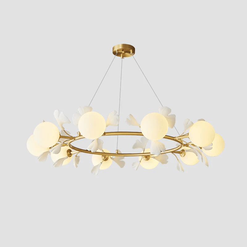 Gingko Orb Brass Chandelier with Porcelain Leaves and Glass Globes
