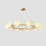 Gingko Orb Brass Chandelier with Porcelain Leaves and Glass Globes