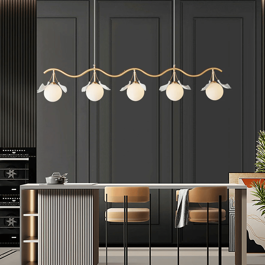 Gingko Orb Brass Chandelier with Porcelain Leaves and Glass Globes
