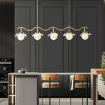 Gingko Orb Brass Chandelier with Porcelain Leaves and Glass Globes