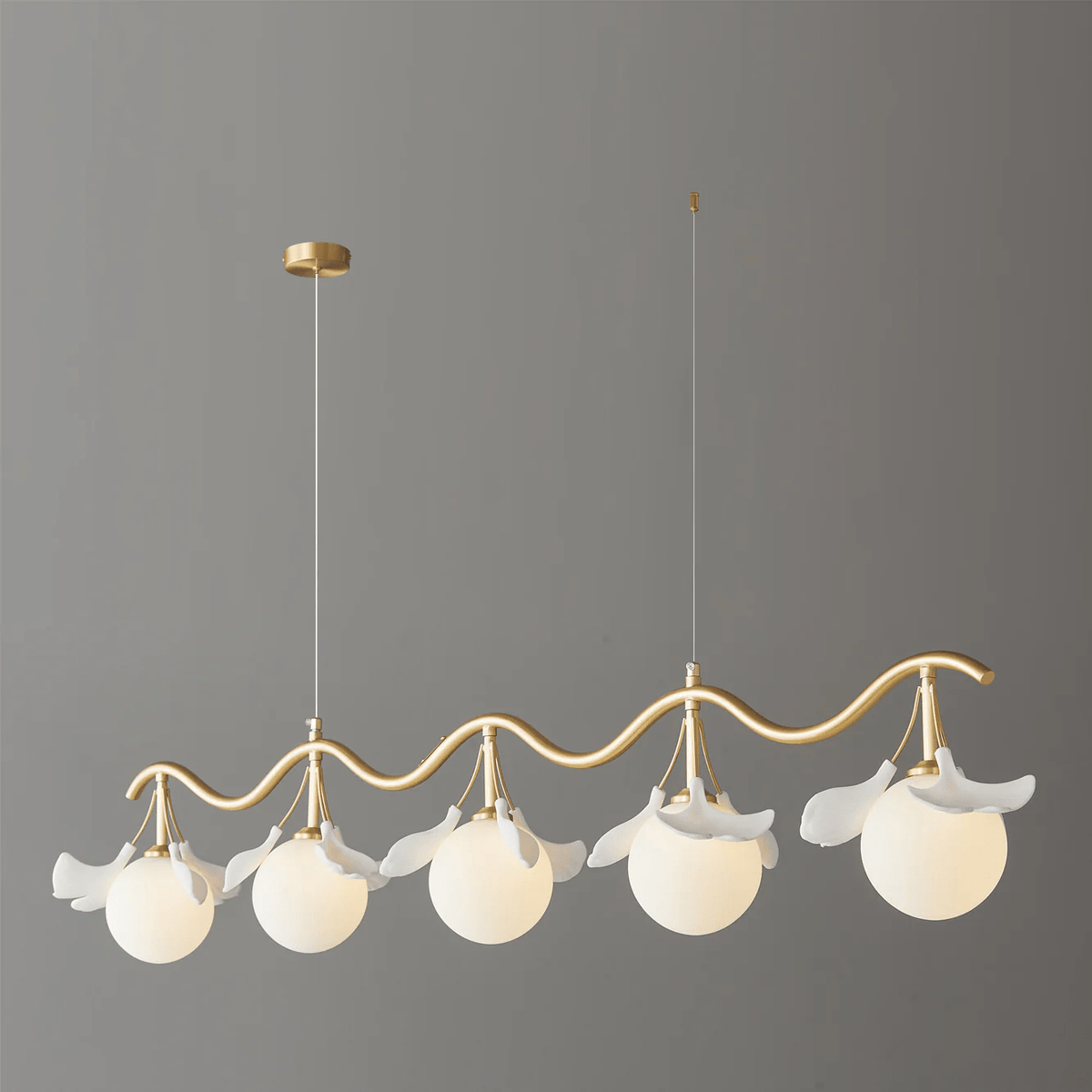 Gingko Orb Brass Chandelier with Porcelain Leaves and Glass Globes