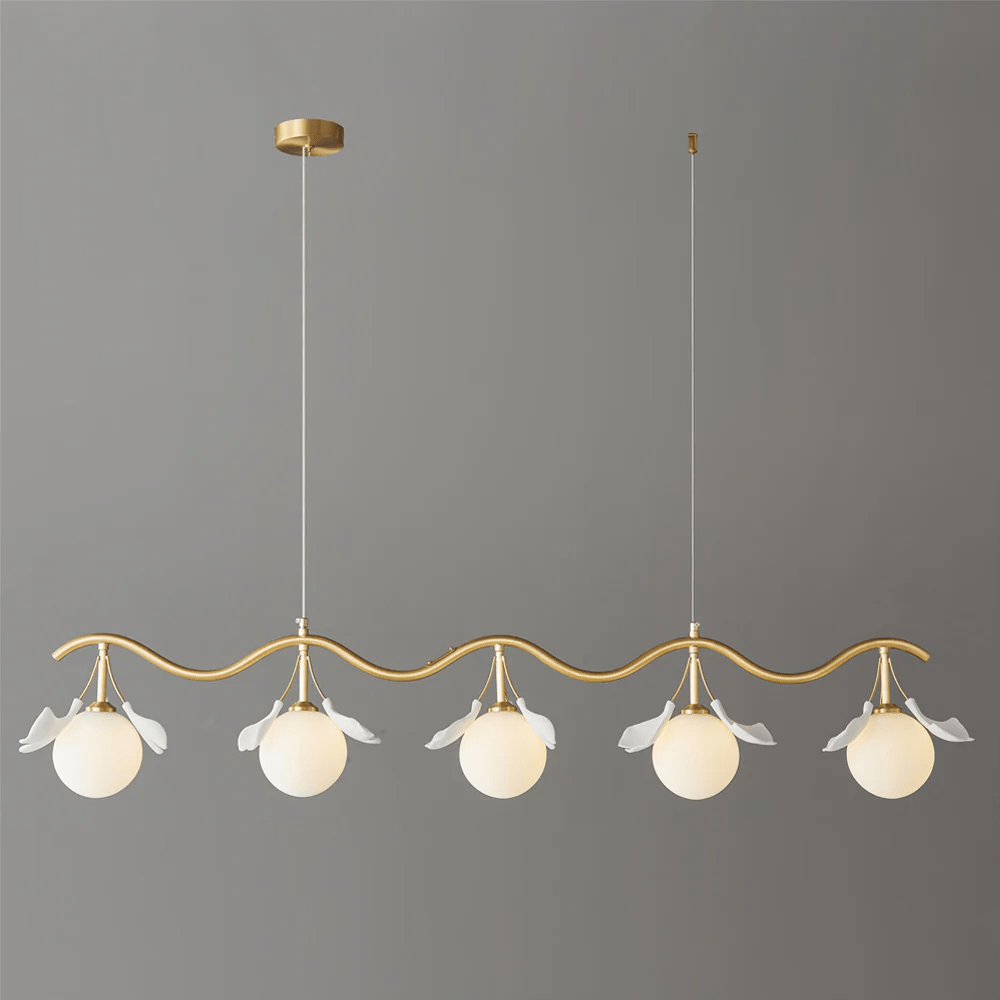 Gingko Orb Brass Chandelier with Porcelain Leaves and Glass Globes