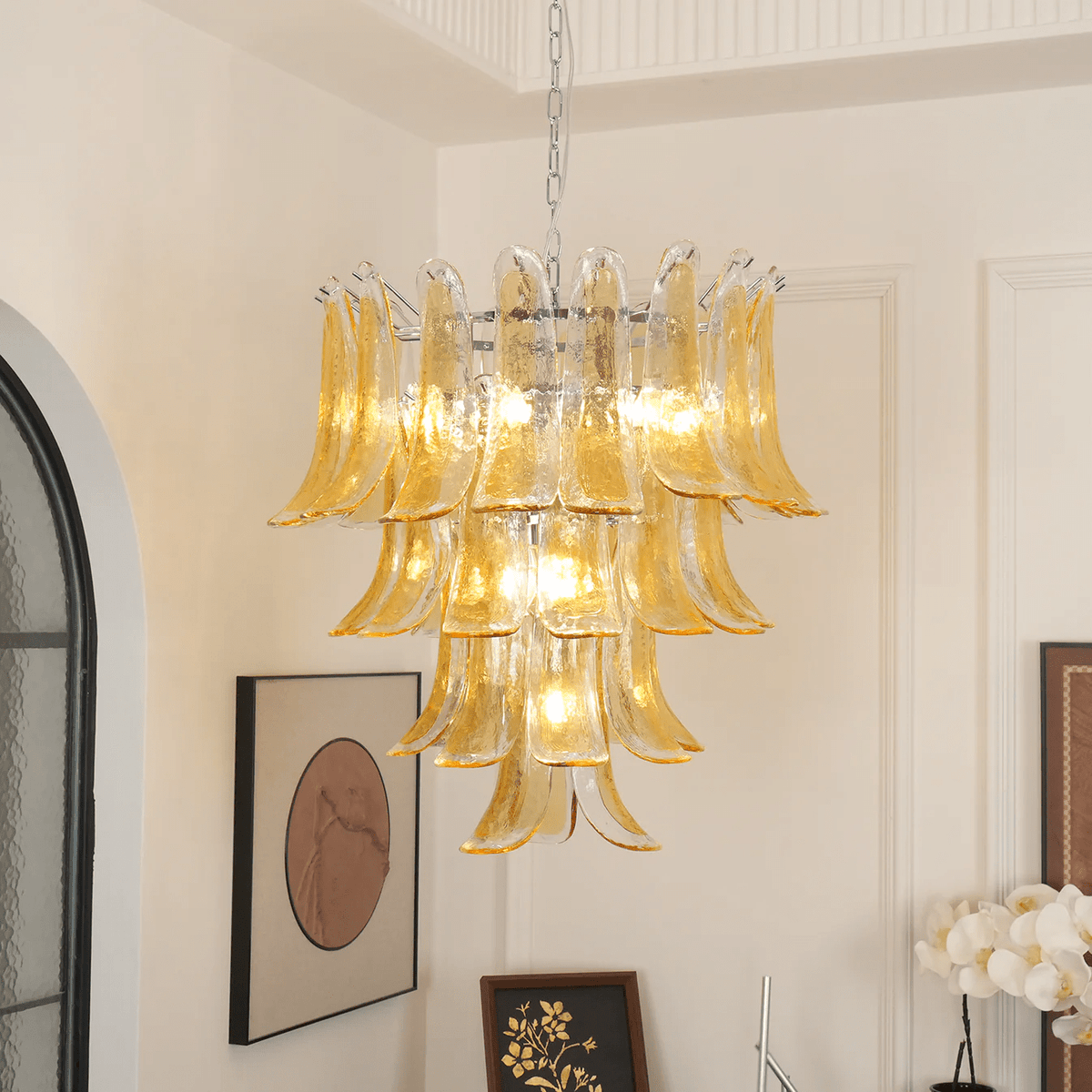 Amber Glass Lily Chandelier – Handcrafted Murano Style Pendant Light