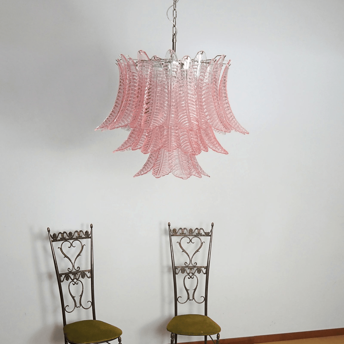 Pink Glass Leaf Chandelier – Handcrafted Designer Lighting for Elegant Interiors