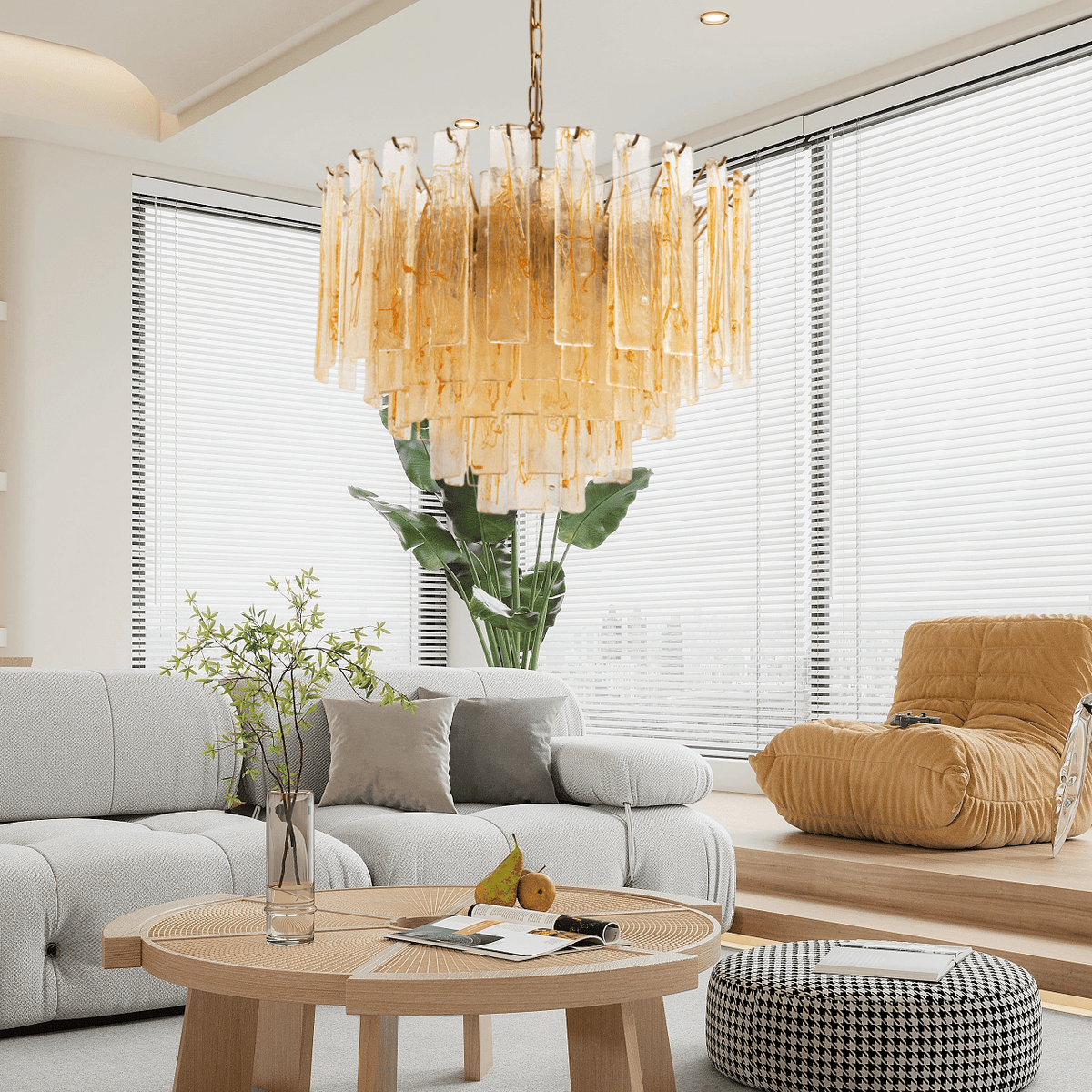 Amber Glass Chandelier with Brass Chain – Modern Luxury Lighting for Dining and Living Spaces